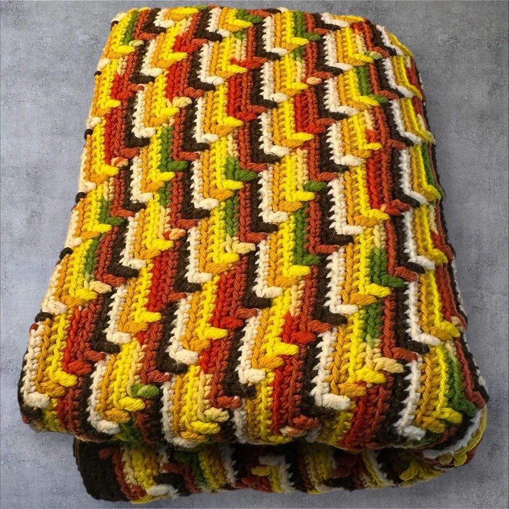 Vrg Crochet Afghan Blanket-Apache Tears Stitch-Chevron Zigzag Retro Fall 52